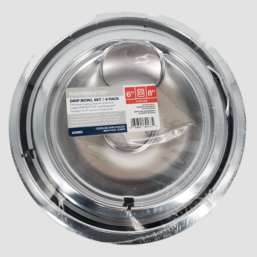 Partsmaster AO68C Electric Range Drip Bowl Set 4 Pack‎ Chrome 6 and 8 Inch New